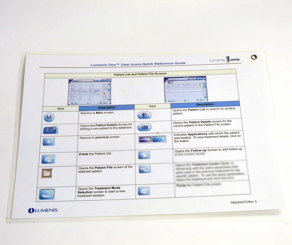 LUMENIS ONE Quick Reference Guide User Icons (English) PB6500270 LUME1 Lume 1