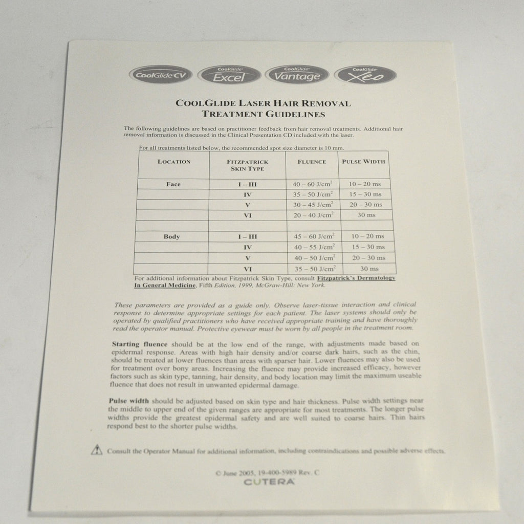 Cutera CoolGlide CV Excel Vantage Xeo Laser Hair Removal Treatment Guidelines
