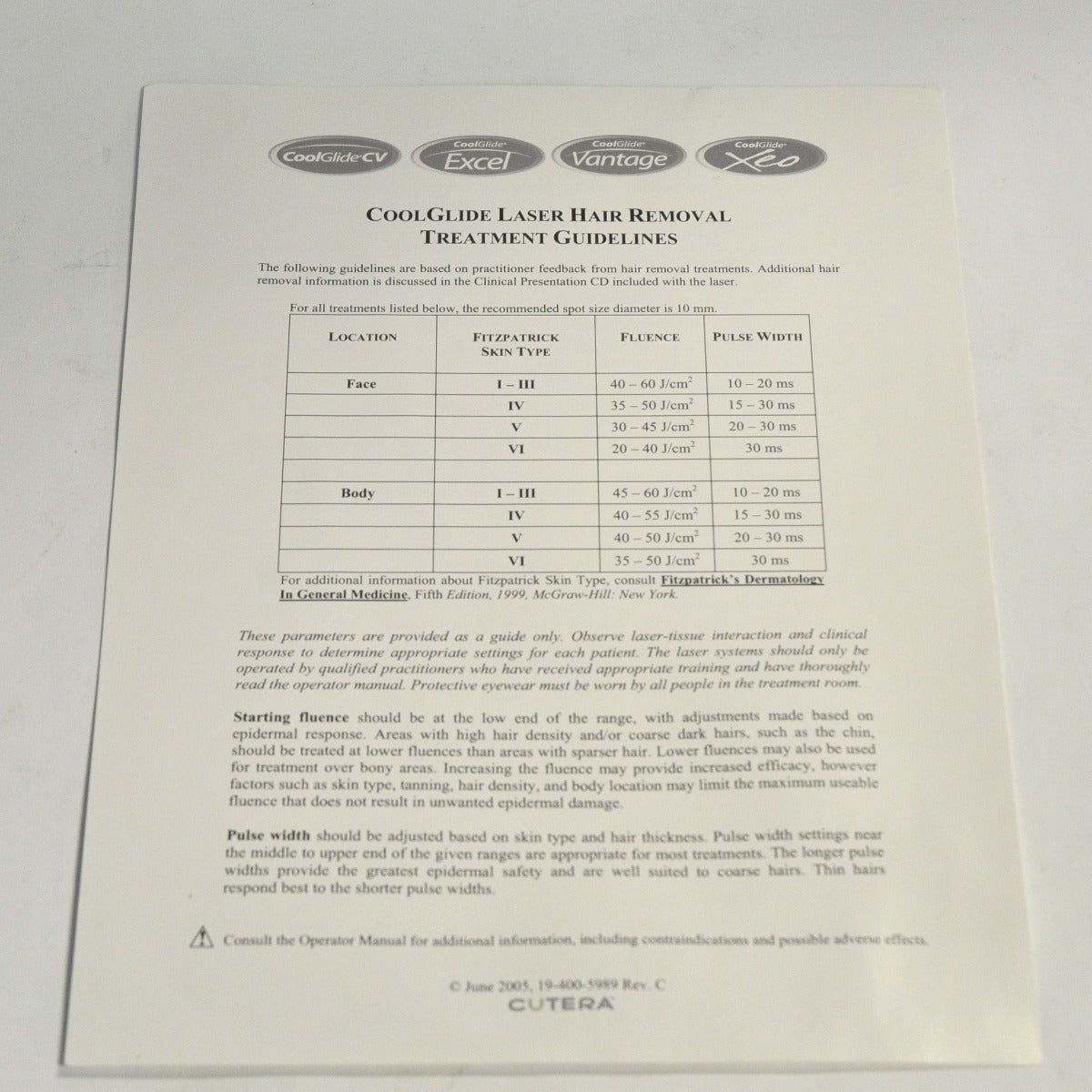 Cutera CoolGlide CV Excel Vantage Xeo Laser Hair Removal Treatment Guidelines