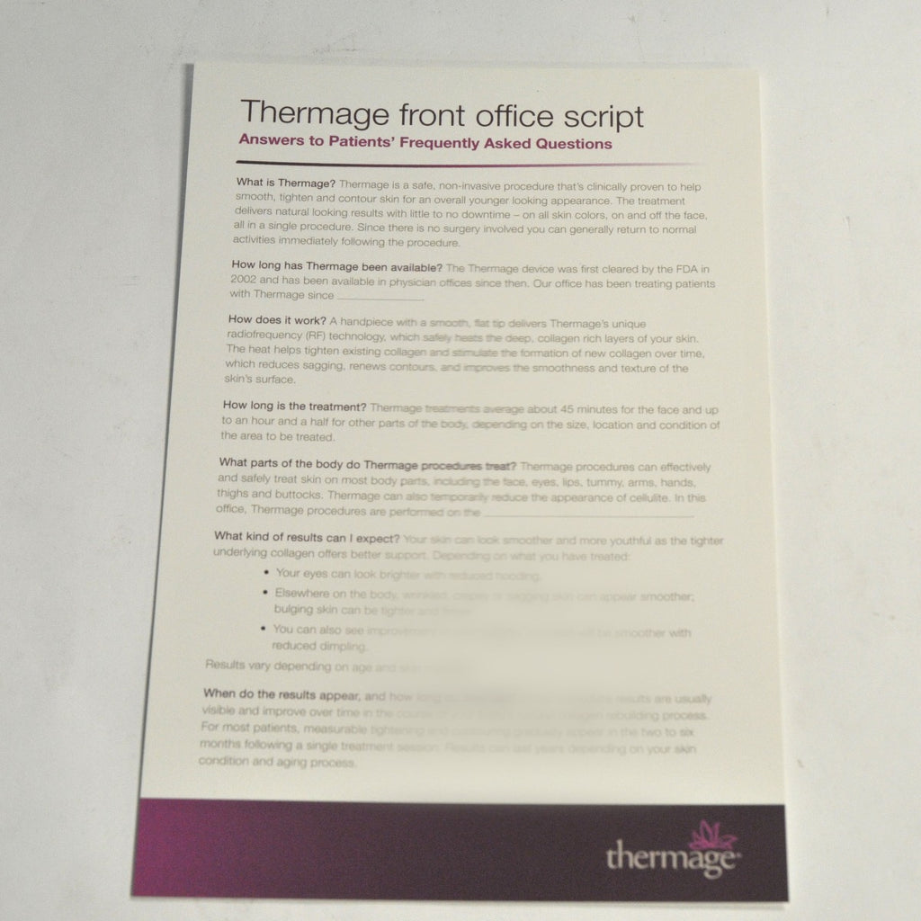 Thermage Front Office Dialog Script Patient Question Answer FAQ User Guide