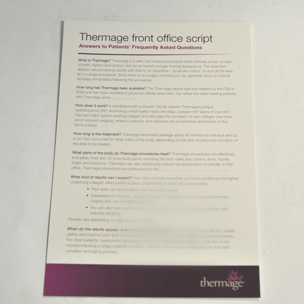 Thermage Front Office Dialog Script Patient Question Answer FAQ User Guide