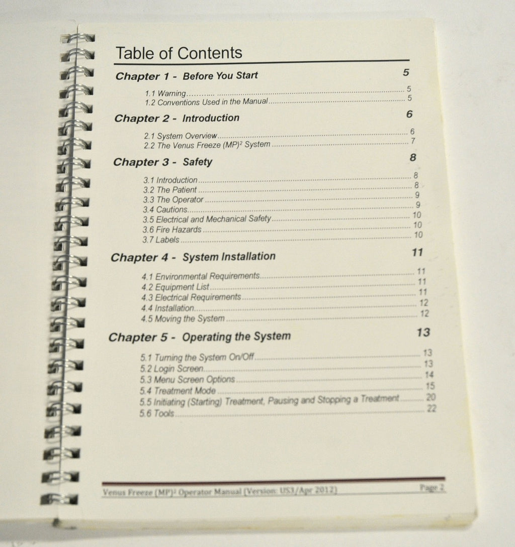 VenusFreeze MP2 Operator Manual Venus Concept User Guide Treatment Procedures