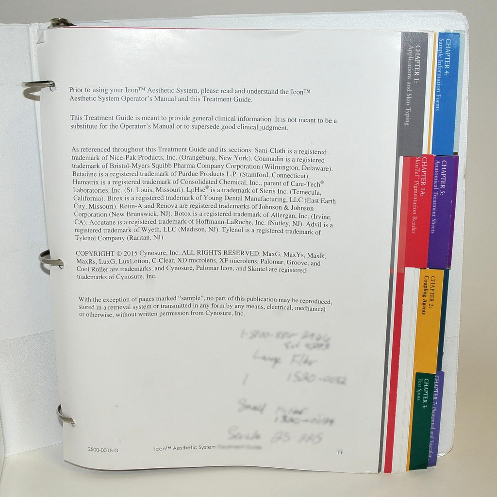Cynosure Palomar ICON IPL Laser Treatment Guide Reference User Manual 2500-0014
