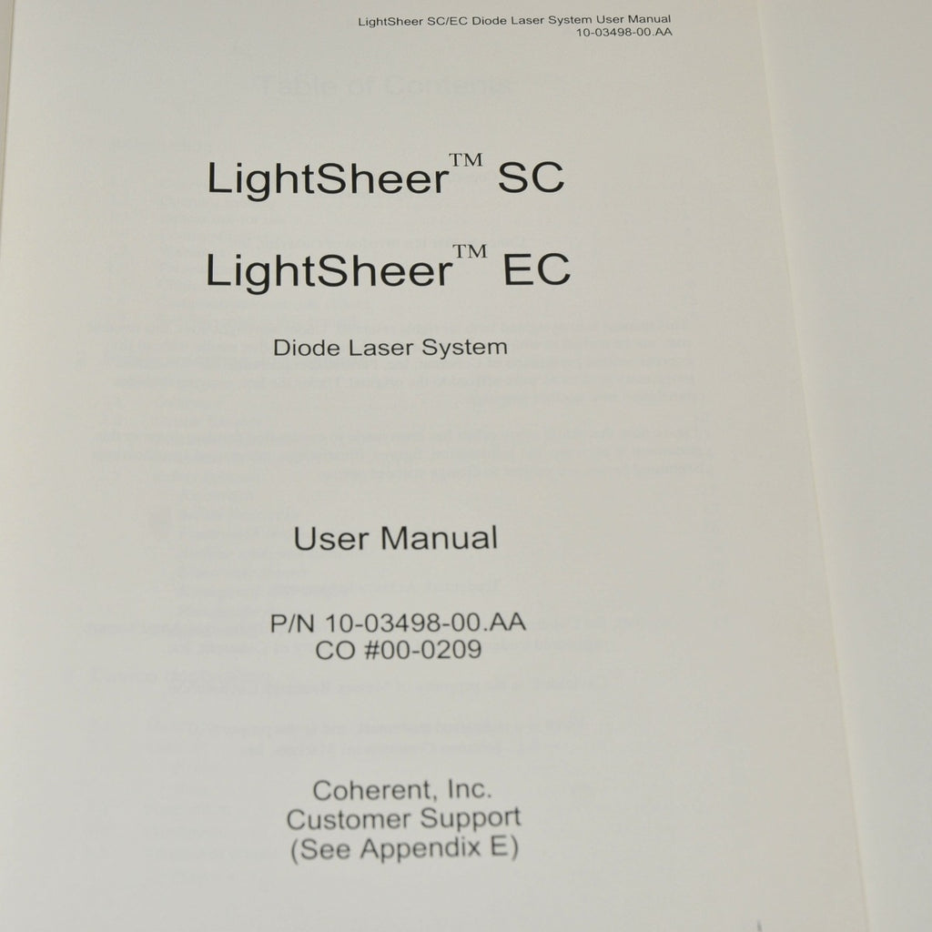 Coherent LightSheer EC SC Diode Laser System USER MANUAL Operator Guide Training