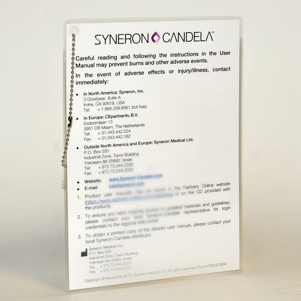 Candela Syneron Sickness Injury Illness Immediate Contact Phone Info PB82823EN