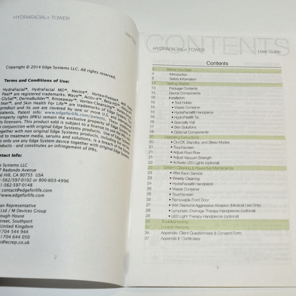EDGE Systems HydraFacial MD Tower USER GUIDE Operator Manual Handpiece Operation