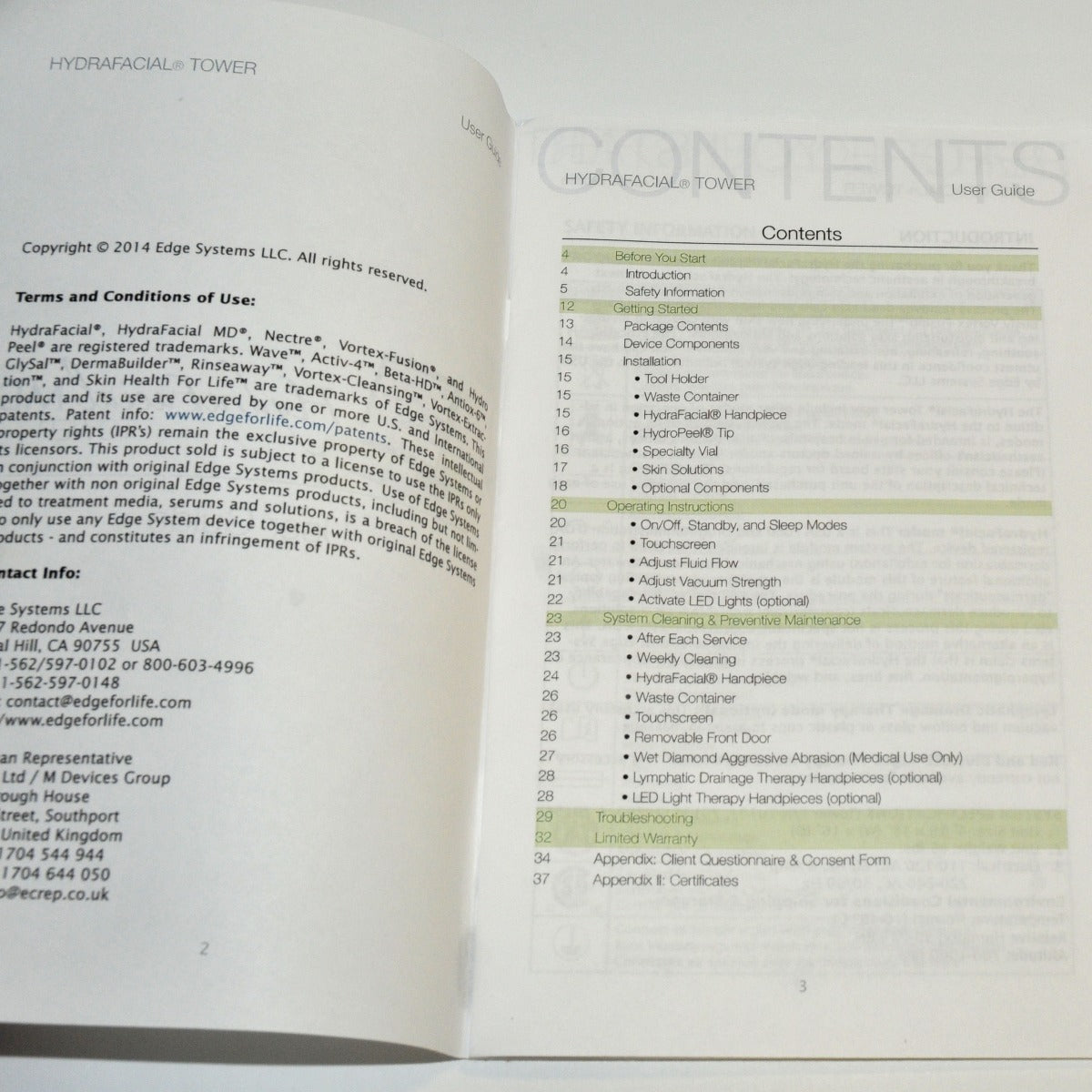 EDGE Systems HydraFacial MD Tower USER GUIDE Operator Manual Handpiece Operation