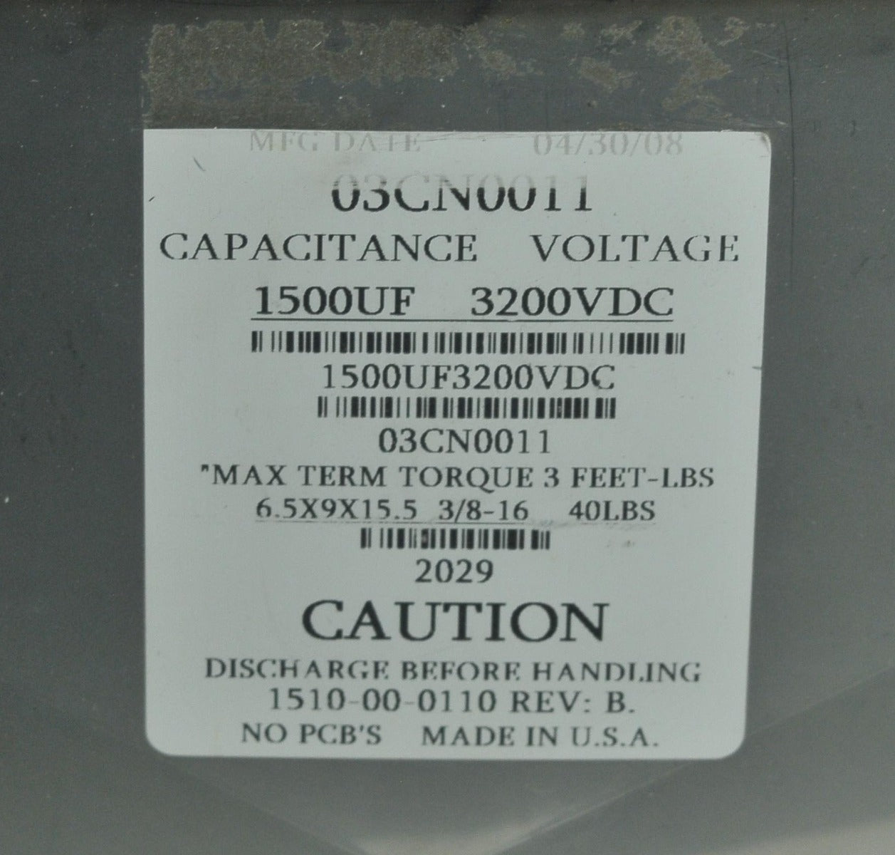 Candela VBeam2 Laser Capacitor Bank 1500UF 3200VDC 1510-00-0110 VBeam 2 V Beam