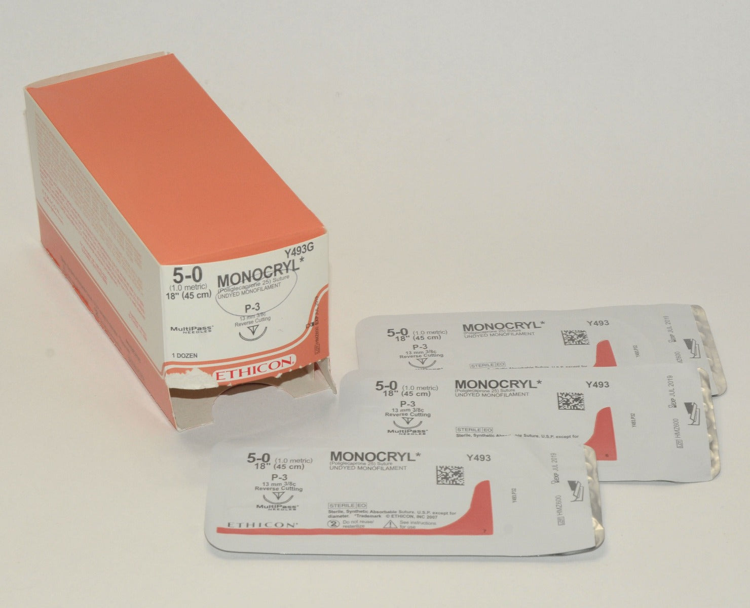 Ethicon Y493G Absorbable Suture Monocryl Reverse Cutting Undyed Mono 5-0 Y493