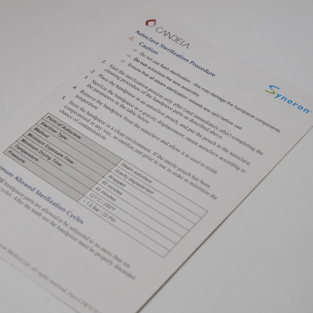 Candela Syneron Lasers CO2RE Handpiece Care User Instructions Autoclave Cleaning