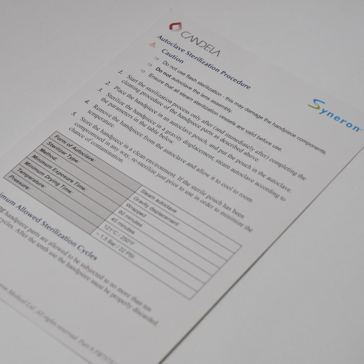 Candela Syneron Lasers CO2RE Handpiece Care User Instructions Autoclave Cleaning