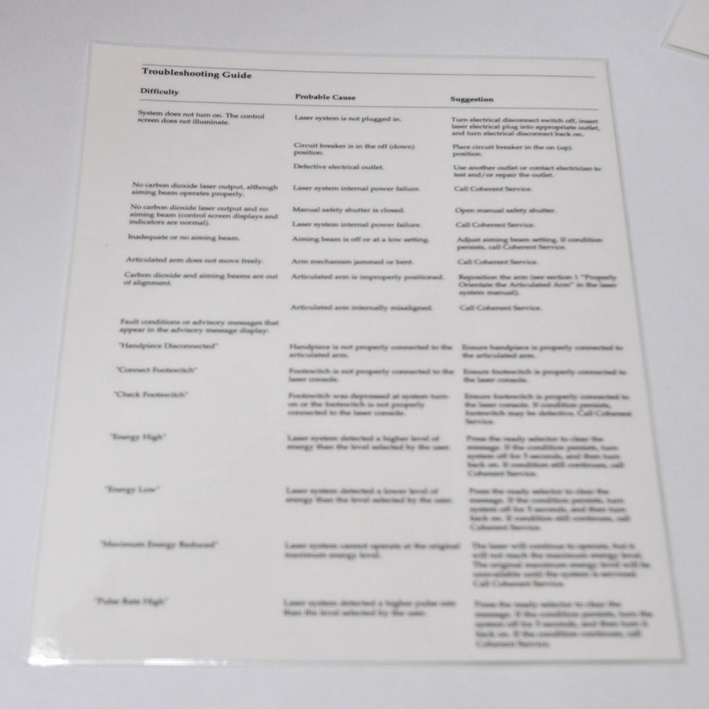 Lumenis Coherent UltraPulse Laser UltraScan Troubleshooting Guide Operator Sheet