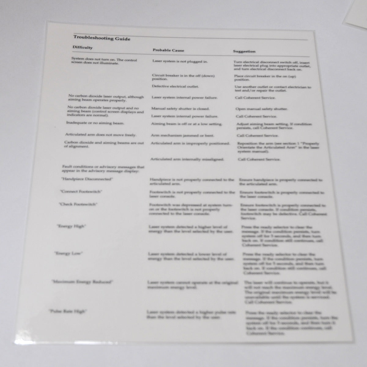Lumenis Coherent UltraPulse Laser UltraScan Troubleshooting Guide Operator Sheet