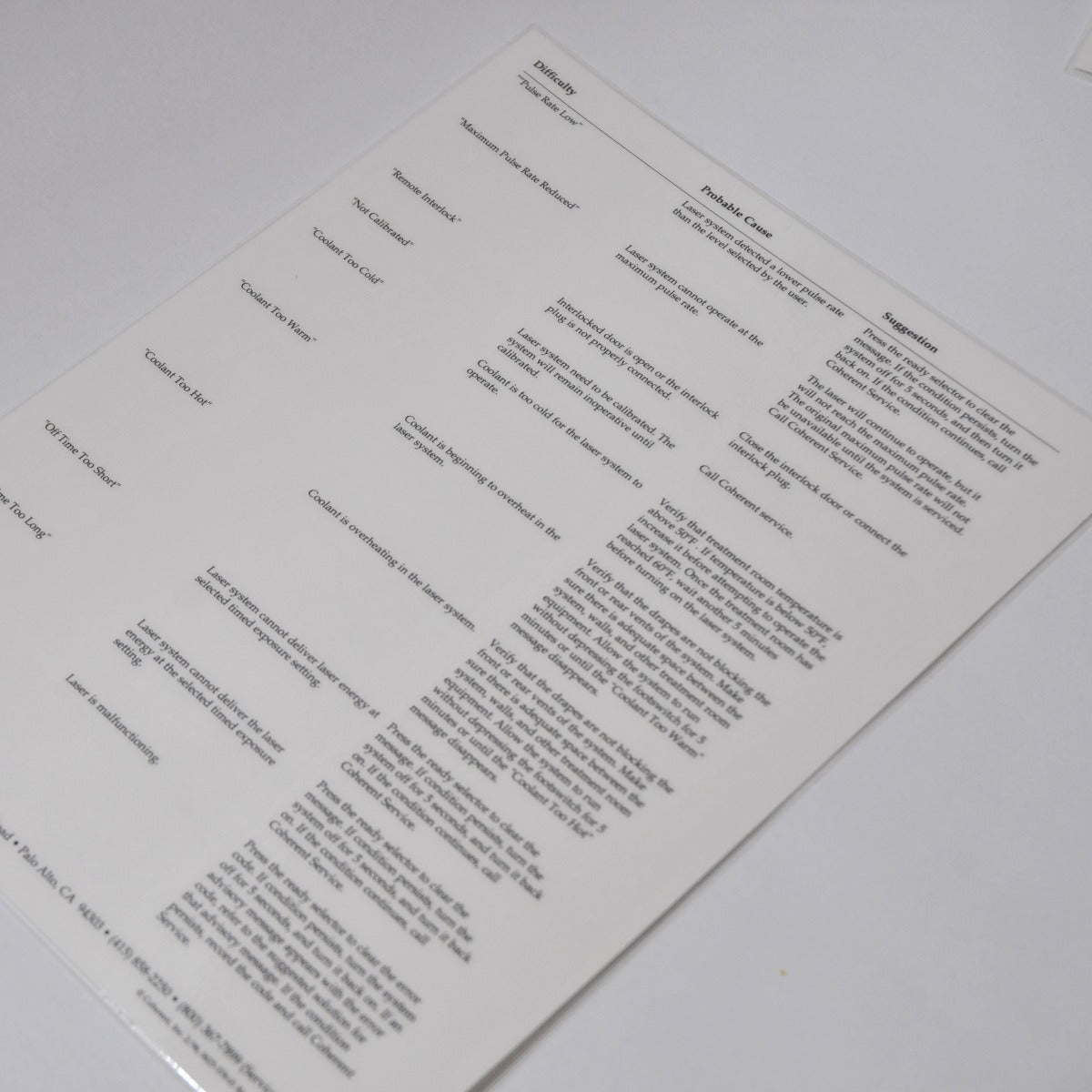 Lumenis Coherent UltraPulse Laser UltraScan Troubleshooting Guide Operator Sheet