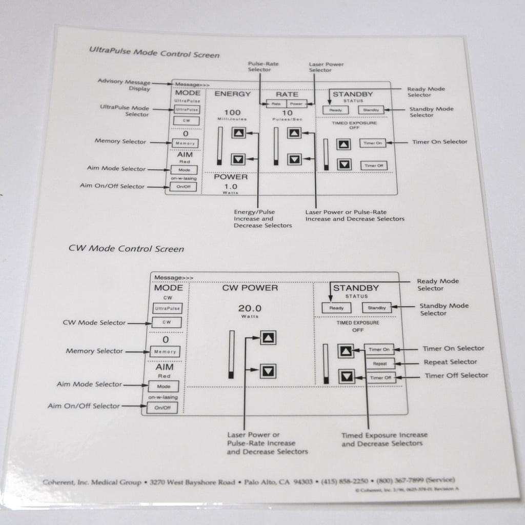 Lumenis Coherent Ultrapulse Carbon Dioxide Surgical Laser Control Screen Sheet