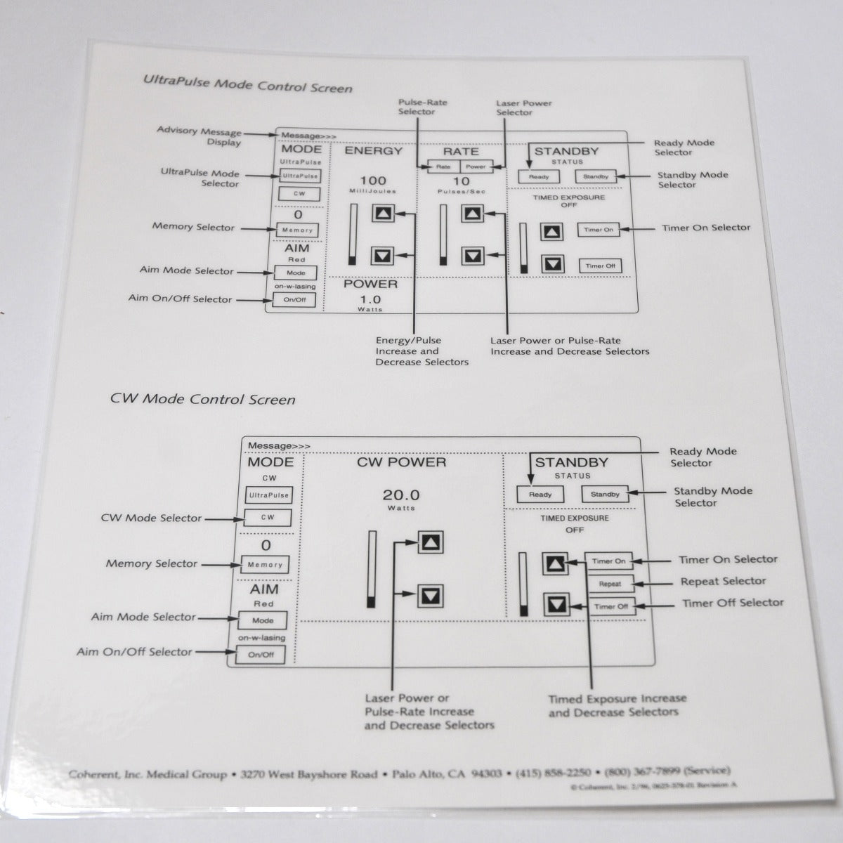 Lumenis Coherent Ultrapulse Carbon Dioxide Surgical Laser Control Screen Sheet