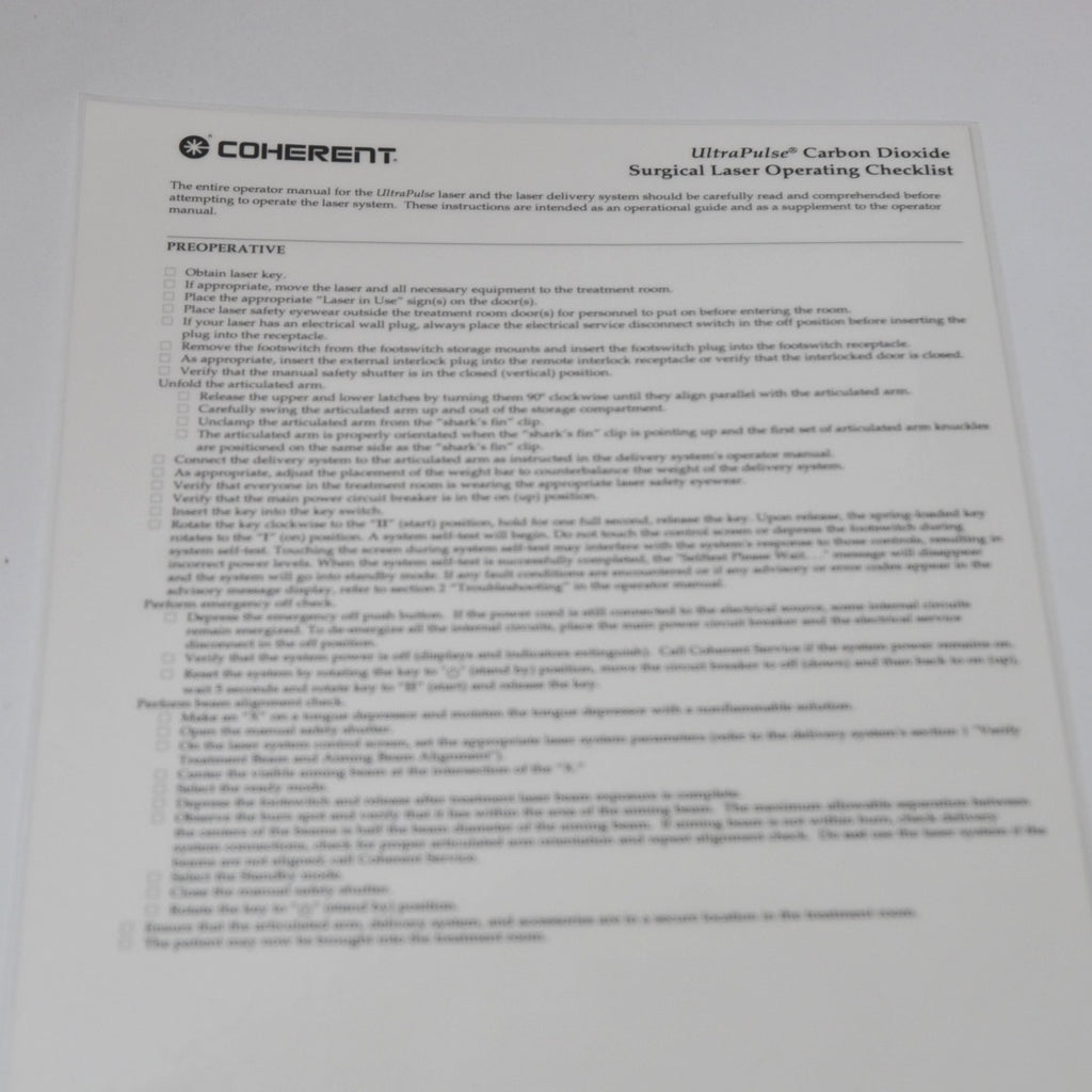 Lumenis Coherent UltraPulse Carbon Dioxide Surgical Laser Operating Checklist