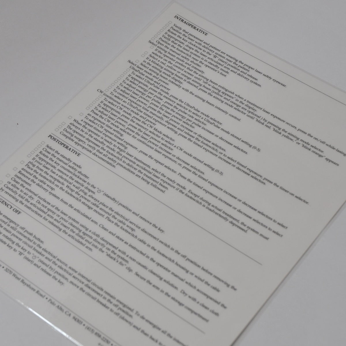 Lumenis Coherent UltraPulse Carbon Dioxide Surgical Laser Operating Checklist