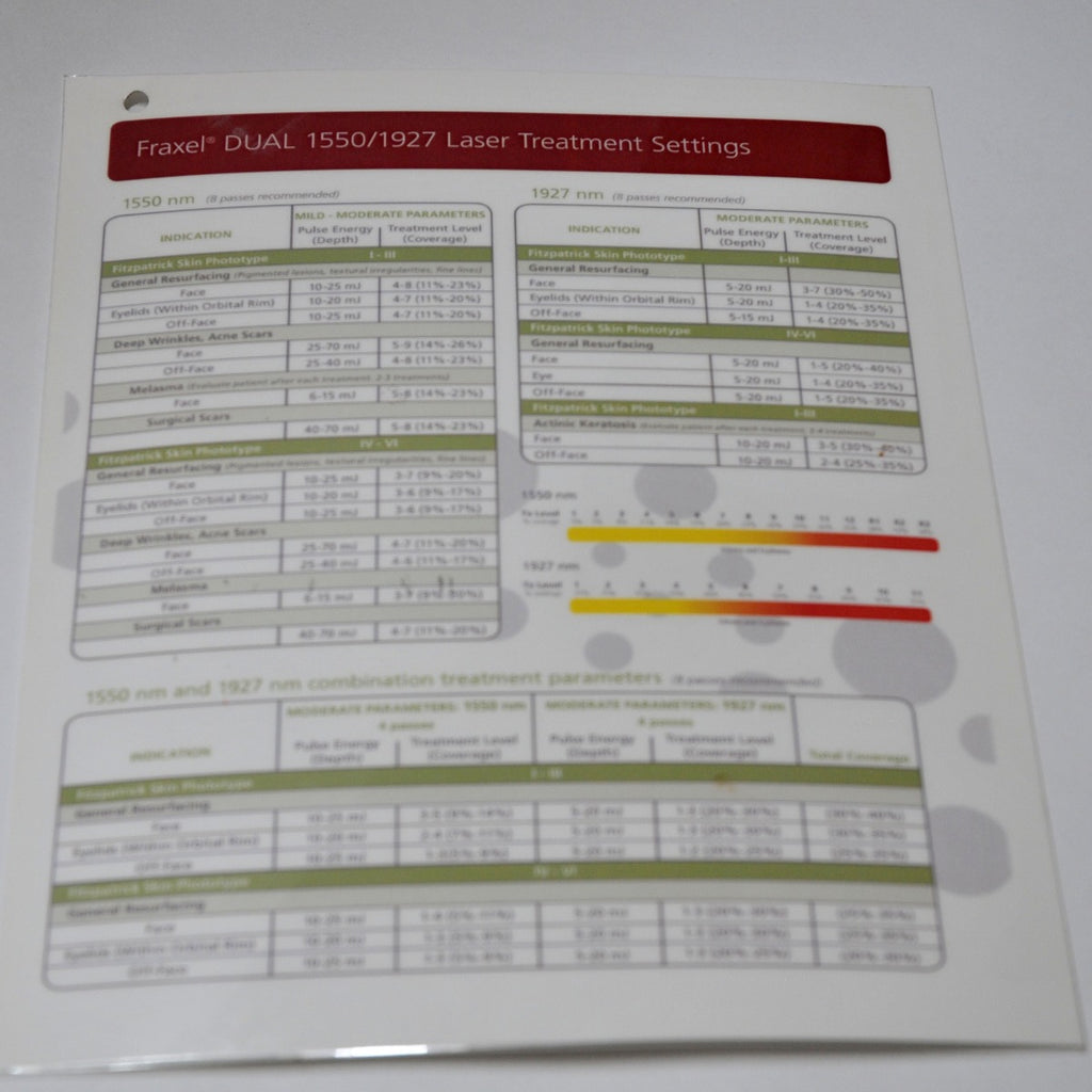 Reliant Fraxel DUAL 1550 1927 Laser Treatment Settings User Operator Guide Sheet