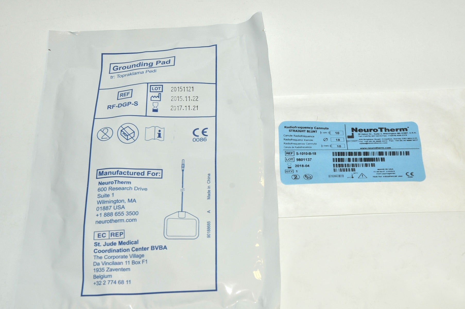 NeuroTherm RadioFrequency Cannula Straight Blunt S-1010-B-18 Grounding Pad Exp18
