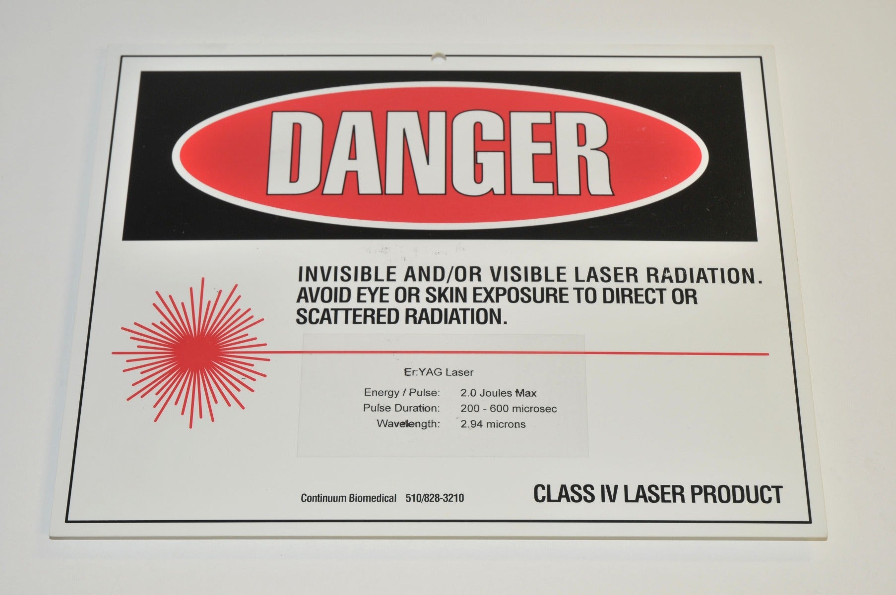 Hoya ConBio Continuum Laser Safety DANGER Warning SIGN Er YAG Class IV Radiation