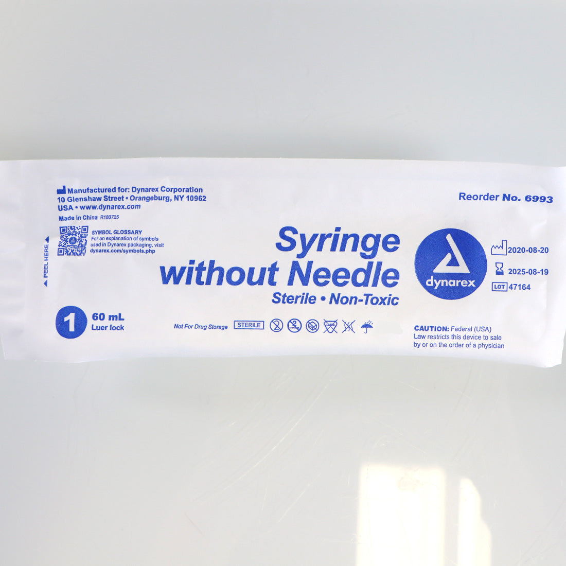 Dynarex 60mL Luer Lock Syringe without Needle 6993 Sterile Non-Toxic 5-Pack 2025