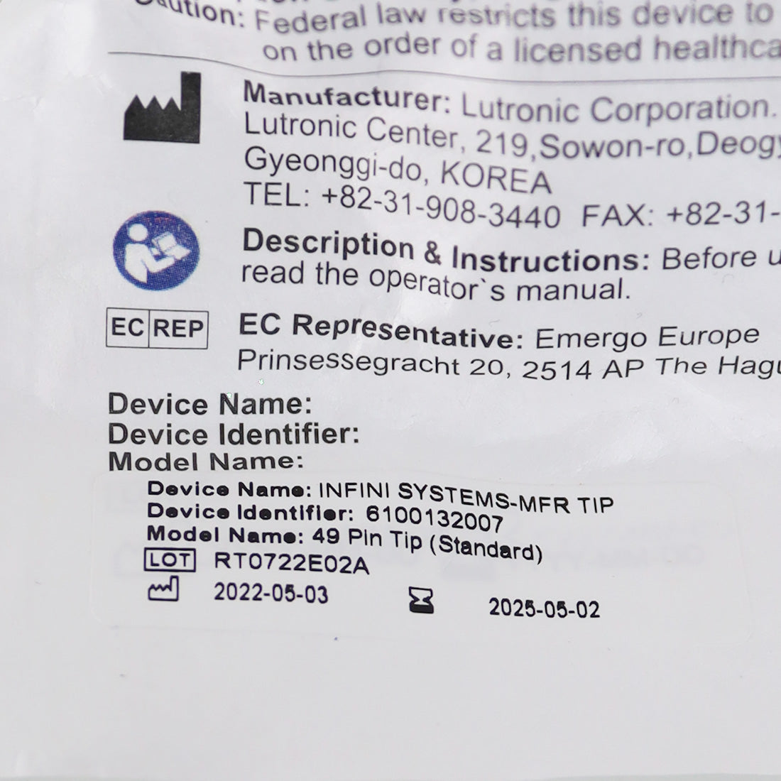 Lutronic Infini Standard MFR 49 Pin Tip Microneedling Single - EXPIRED