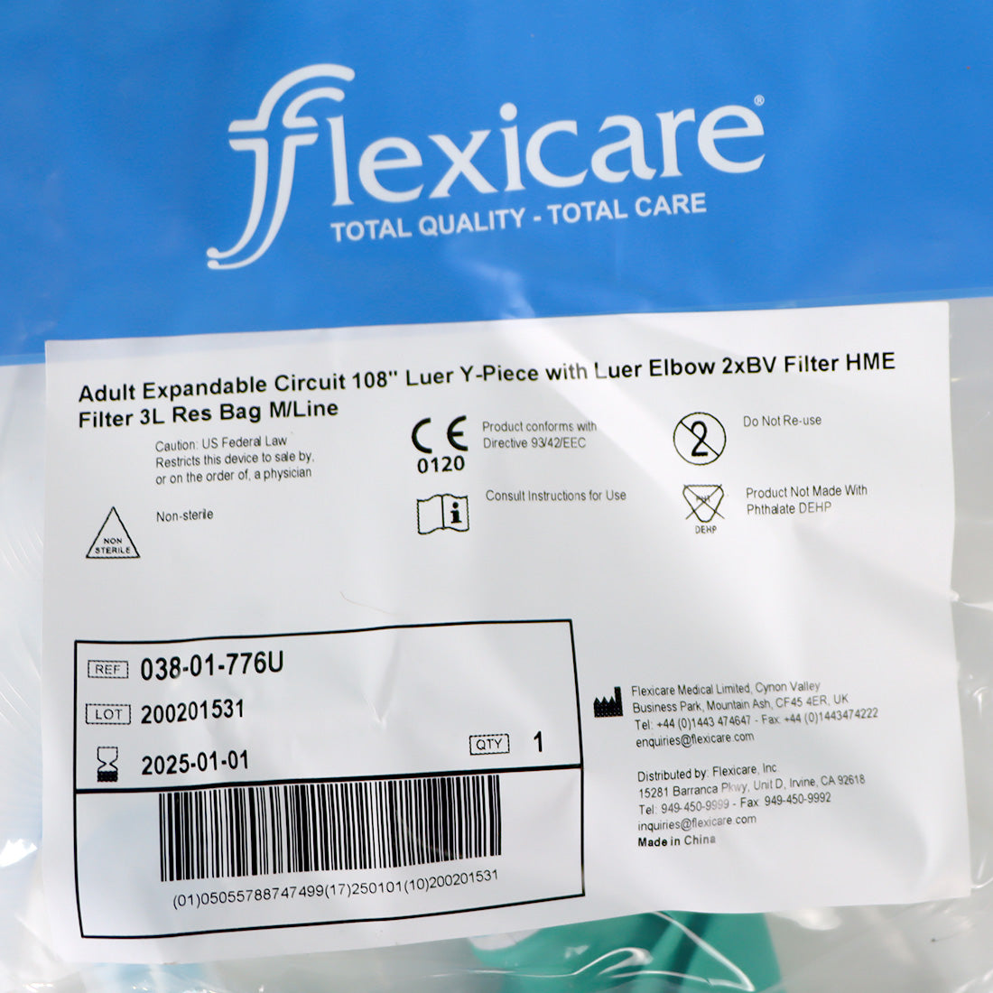 Flexicare Anesthesia Breathing Adult Expandable Circuit 108 Inch Luer Y-Piece 3 Liter Bag Single Patient Use