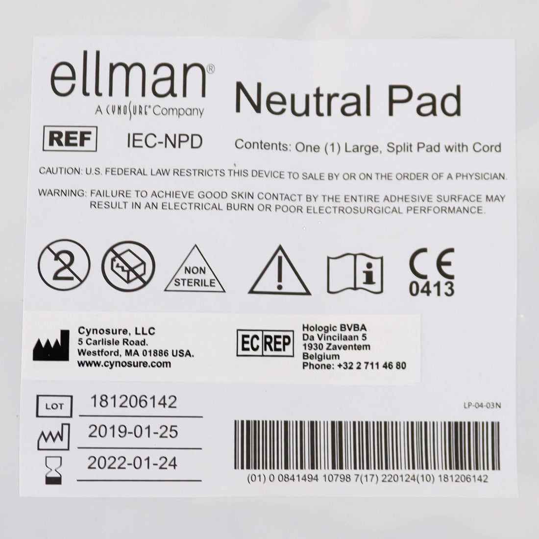Ellman Cynosure Large Body Neutral Pad w/Cord REF IEC-NPD EXP 2022 x1 Pc