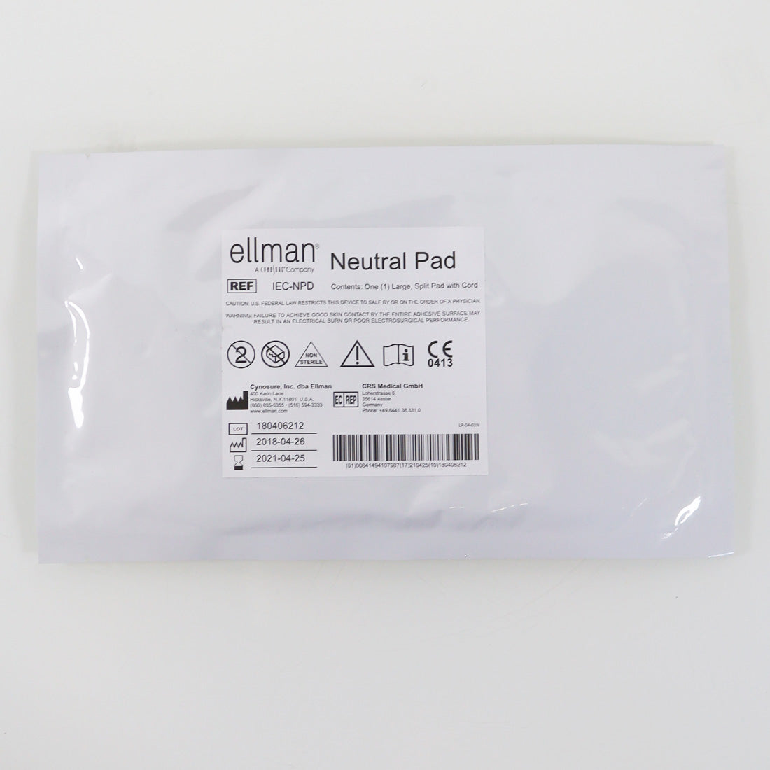 Ellman Cynosure Large Body Neutral Pad w/Cord REF IEC-NPD EXP 2021 x1 Pc