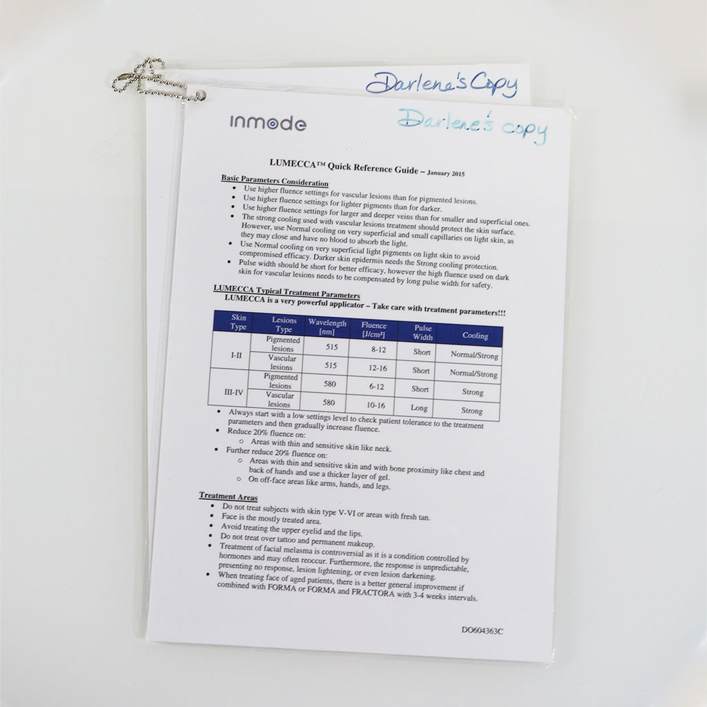 2015 InMode Lumecca Forma Plus Quick Reference Parameters Guide DO604730C