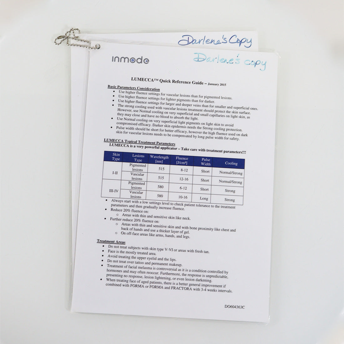 2015 InMode Lumecca Forma Plus Quick Reference Parameters Guide DO604730C