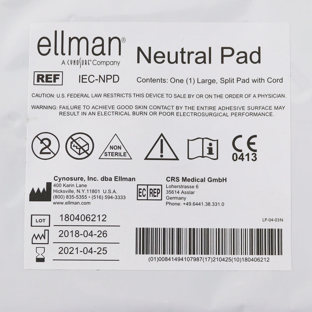 Ellman Cynosure Large Body Neutral Pad w/Cord REF IEC-NPD EXP 2021 x1 Pc