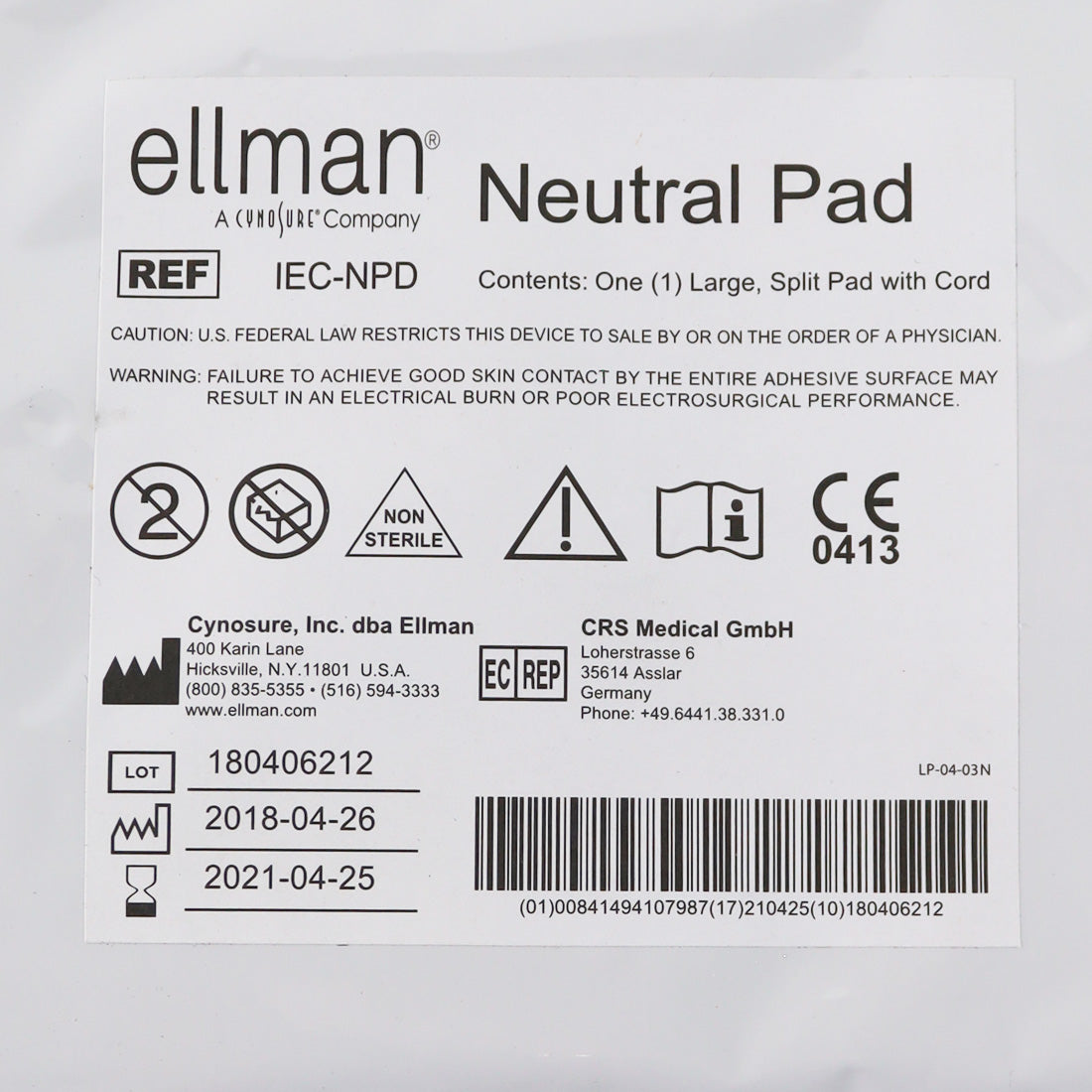Ellman Cynosure Large Body Neutral Pad w/Cord REF IEC-NPD EXP 2021 x1 Pc