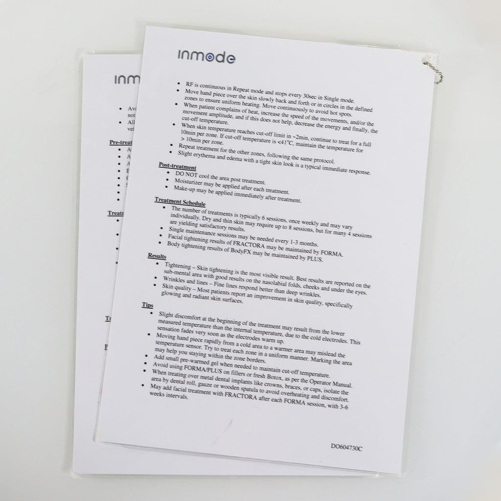 2015 InMode Lumecca Forma Plus Quick Reference Parameters Guide DO604730C