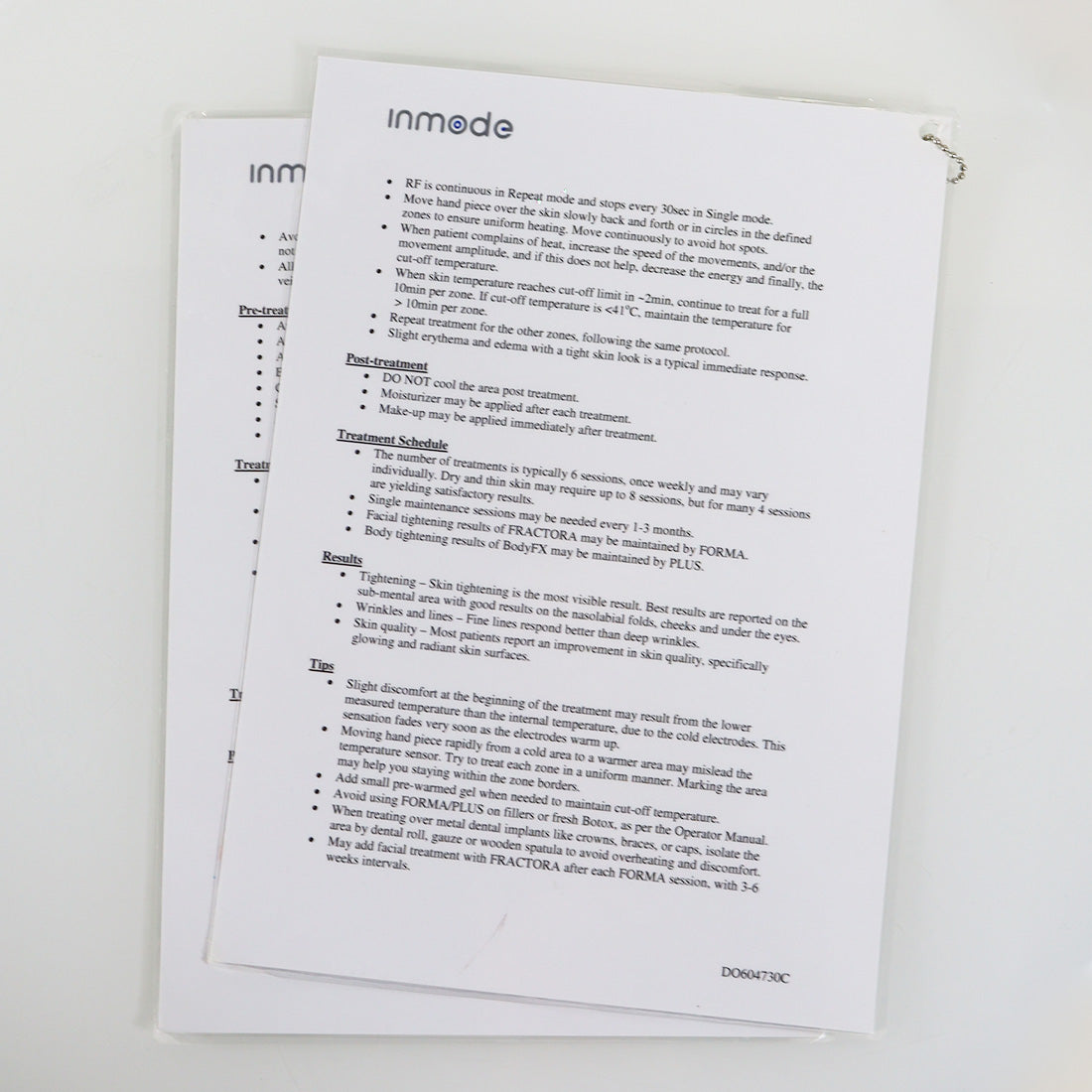 2015 InMode Lumecca Forma Plus Quick Reference Parameters Guide DO604730C