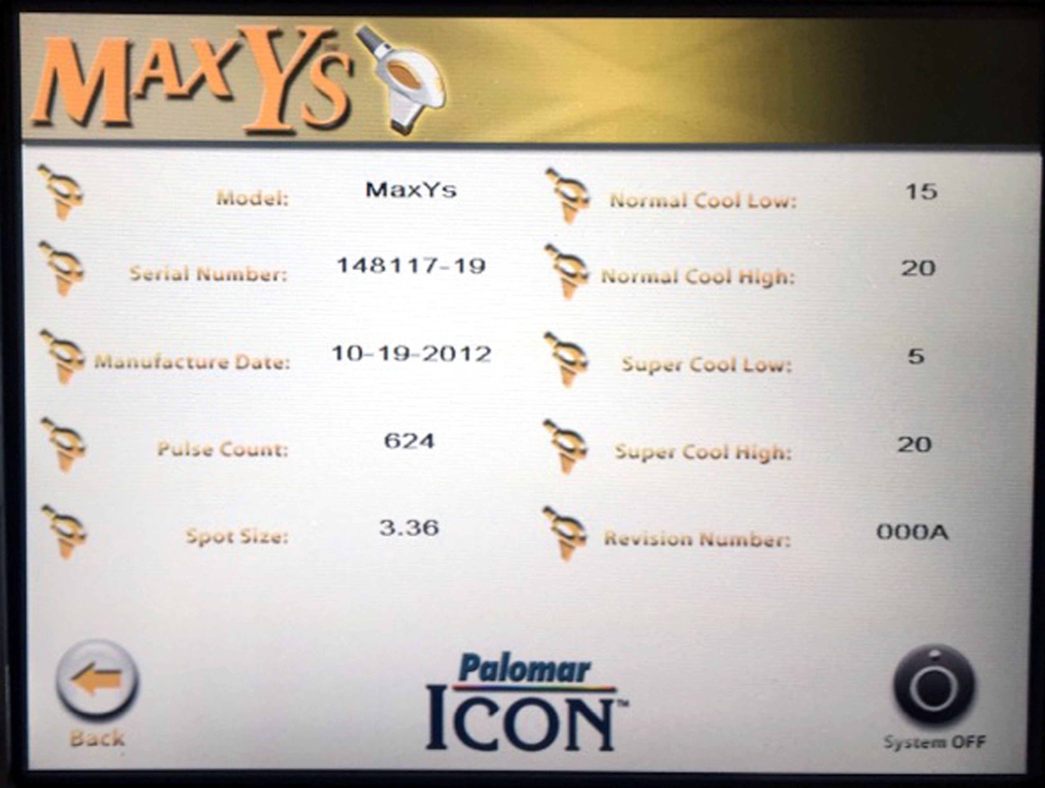 2013 Cynosure Palomar ICON Laser System MaxR MaxG MaxYs HandPieces Max G R Ys