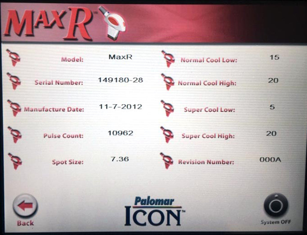 2013 Cynosure Palomar ICON Laser System MaxR MaxG MaxYs HandPieces Max G R Ys