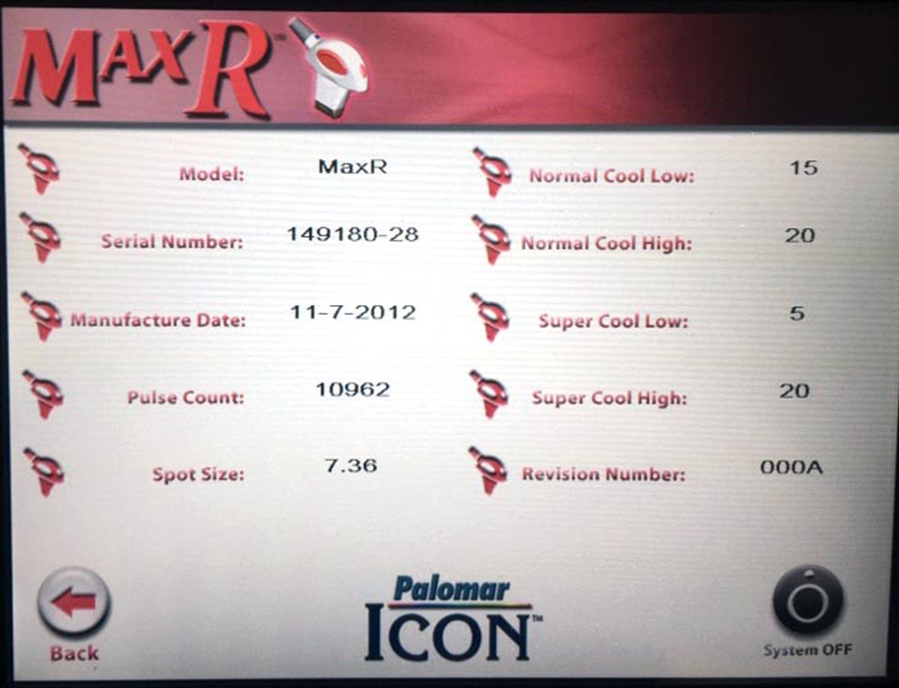 2013 Cynosure Palomar ICON Laser System MaxR MaxG MaxYs HandPieces Max G R Ys