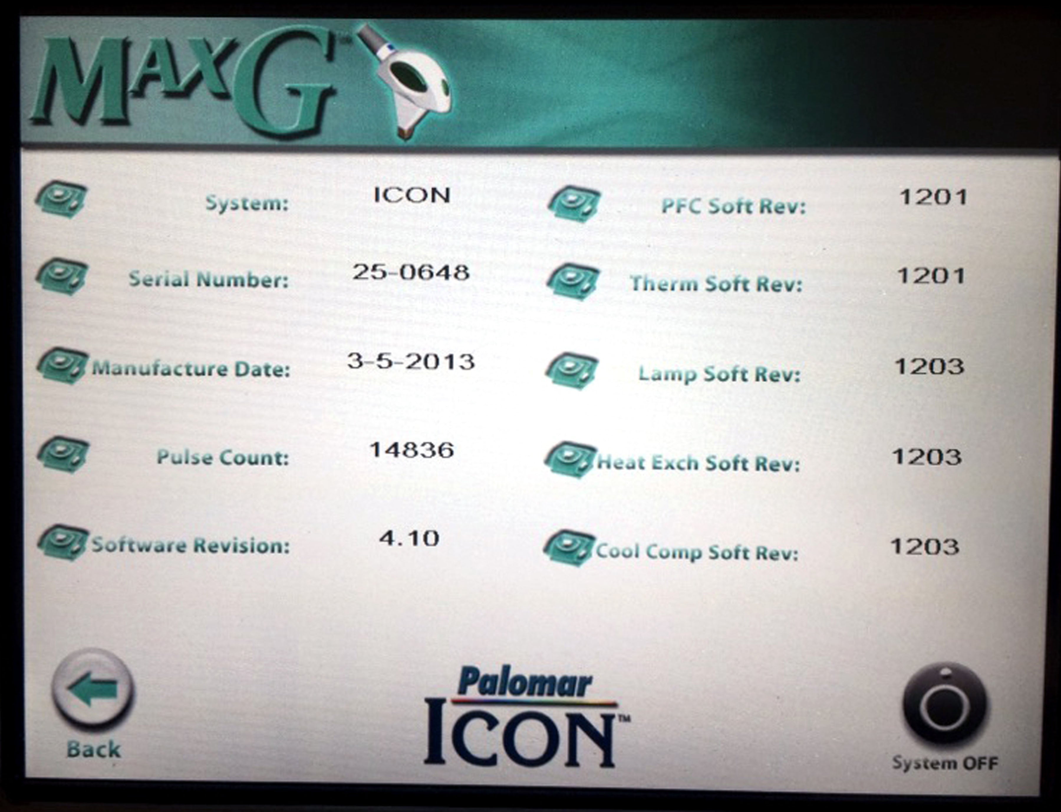 2013 Cynosure Palomar ICON Laser System MaxR MaxG MaxYs HandPieces Max G R Ys