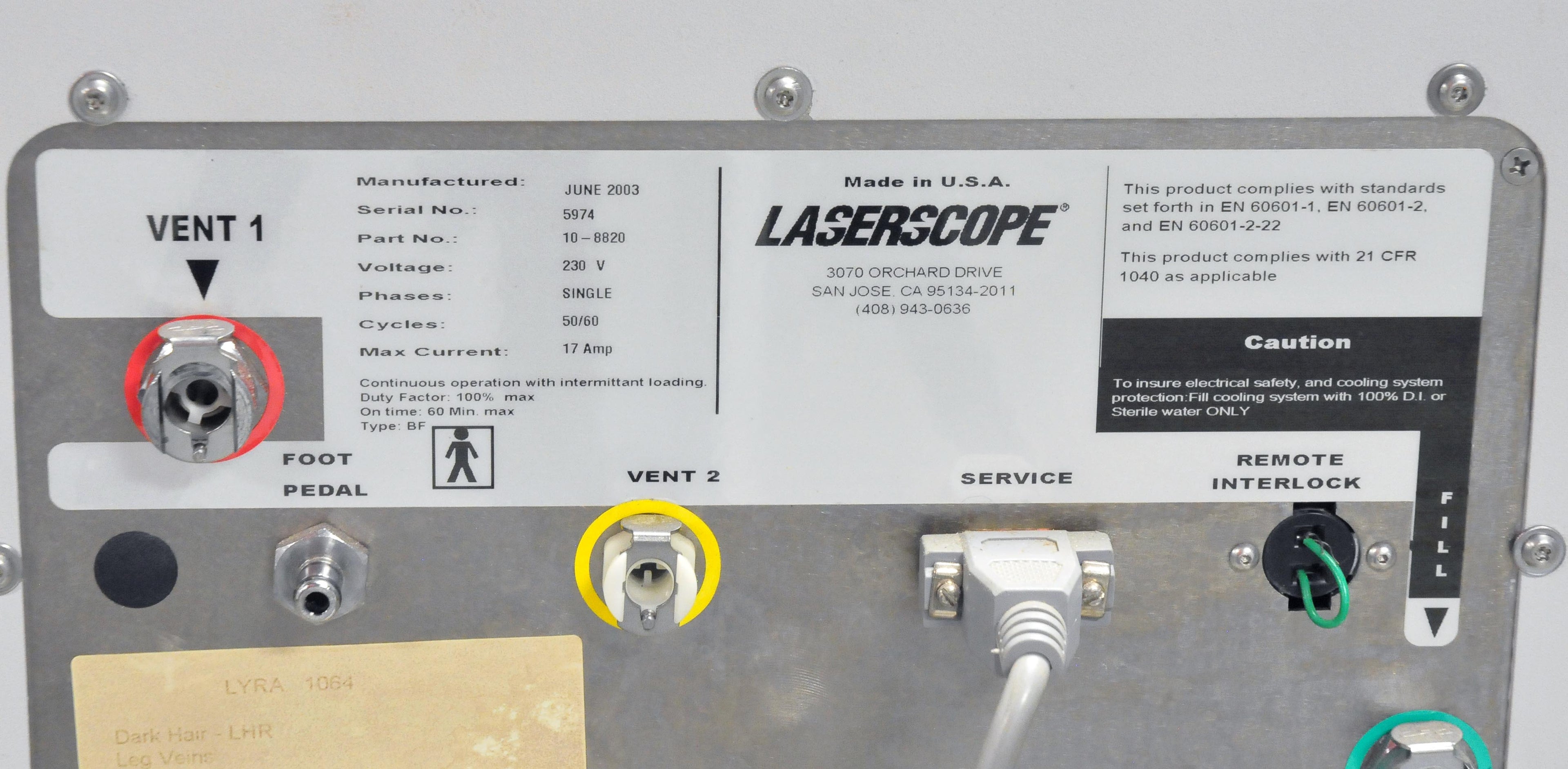 2003 Laserscope Lyra Nd:YAG Laser System w/ CoolSpot 10mm HandPiece Hair Removal