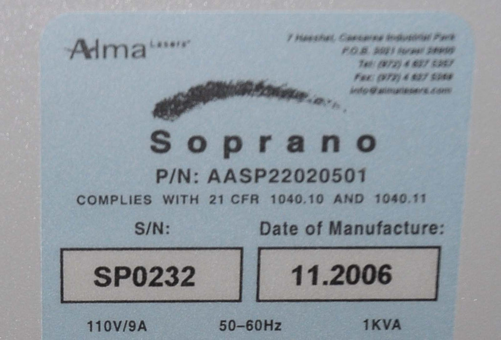 2006 Alma Soprano XL 810nm Diode IPL Hair Removal Laser System SHR Handpiece