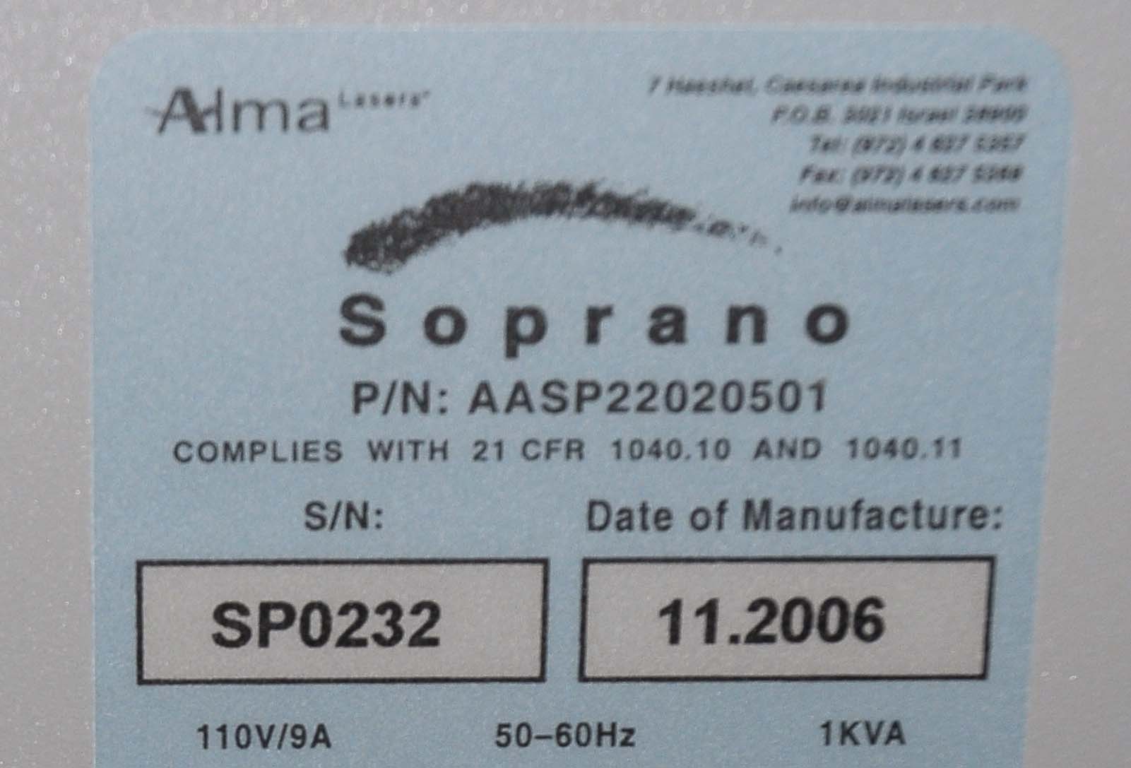 2006 Alma Soprano XL 810nm Diode IPL Hair Removal Laser System SHR Handpiece