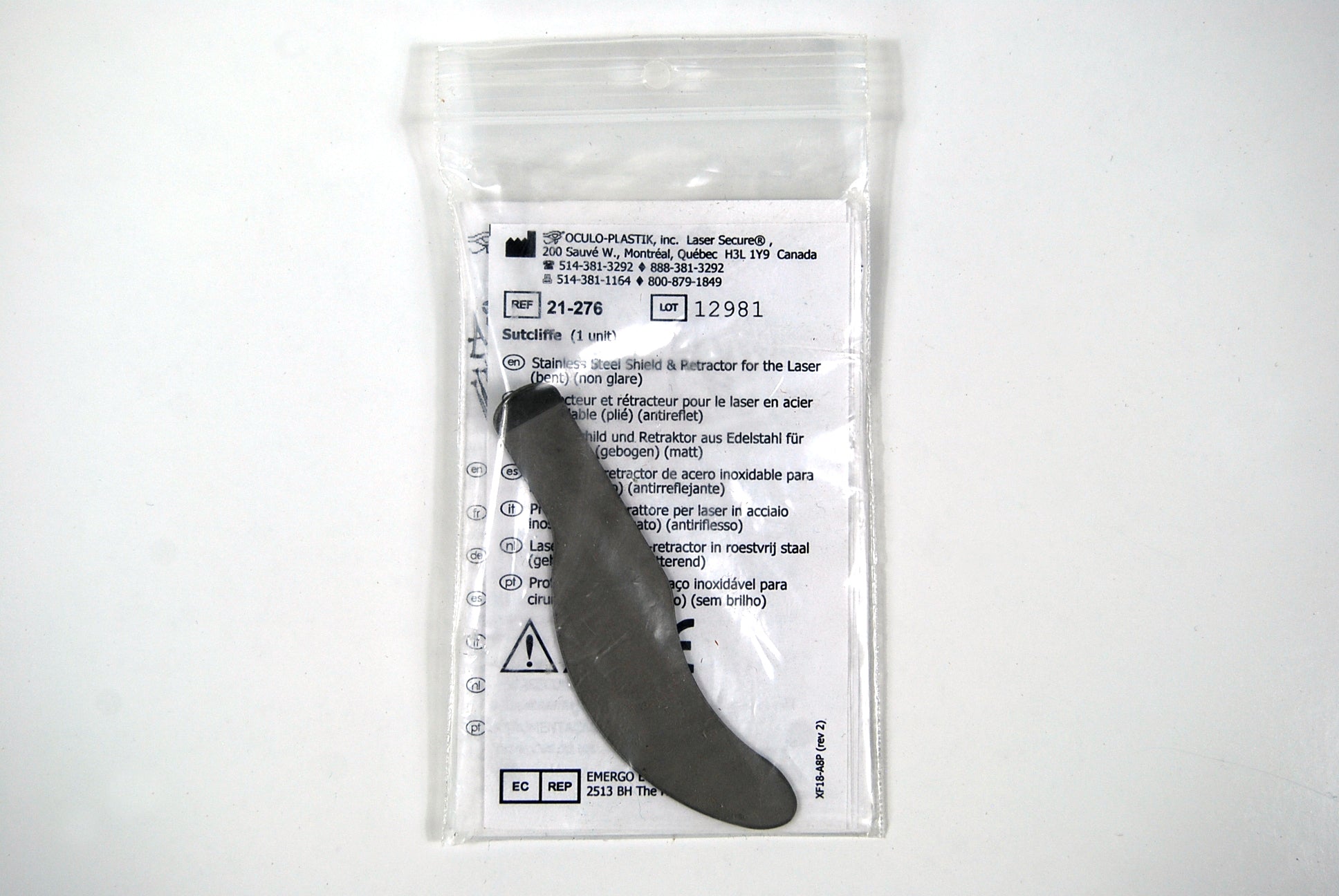 Oculo Plastik 12981 Laser Shield Retractor Sutcliffe Bent 21-276 Stainless Steel