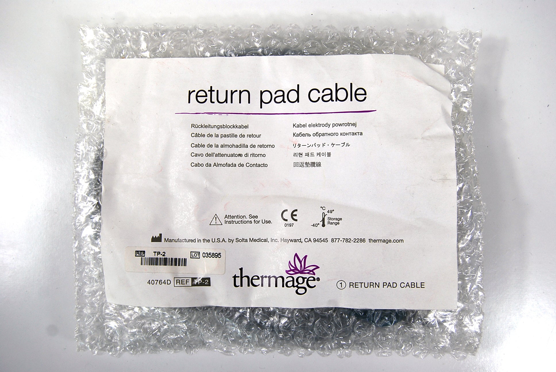 Thermage TP-2 Return Pad Cable Solta Medical New in Bag