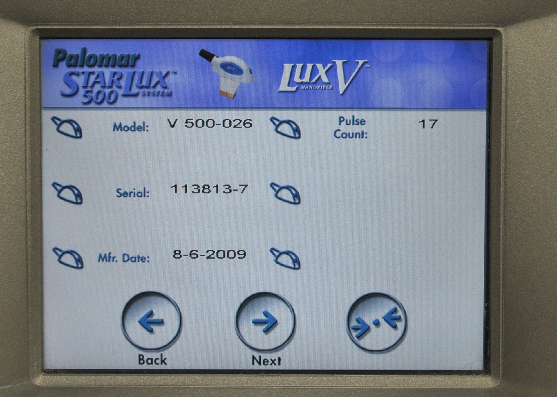 Palomar 2009 StarLux 500 LuxV Lux System V HandPiece LASER Cynosure LOW SHOWS!