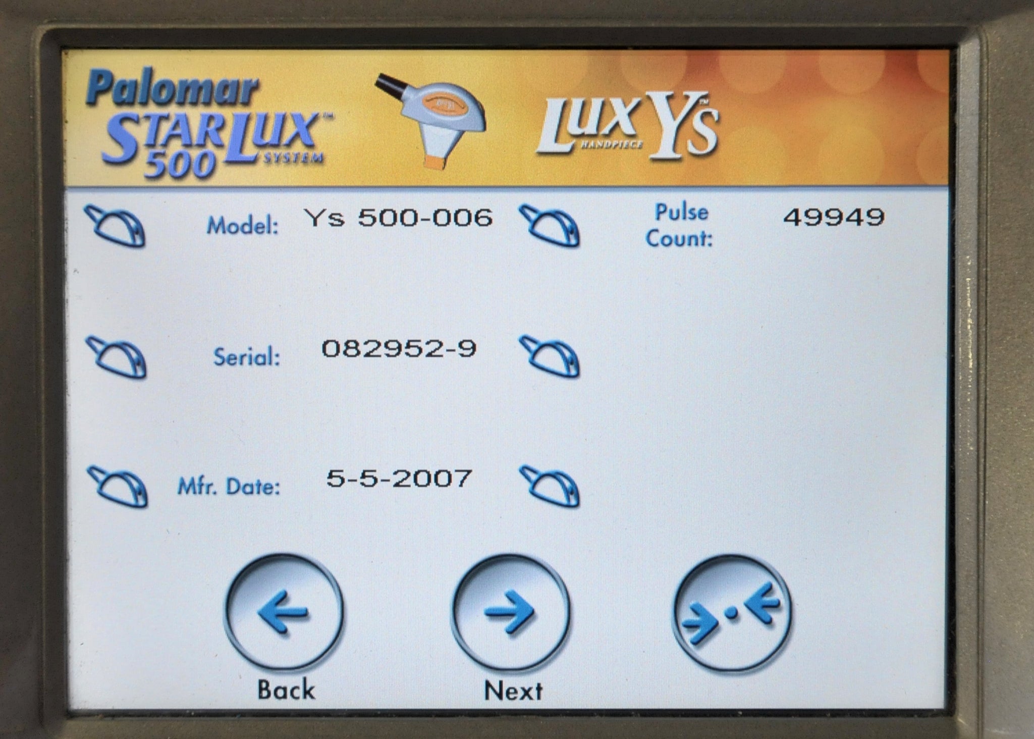 2007 Palomar StarLux 500 Laser System LuxYs Handpiece Lux Ys Hand Piece Cynosure
