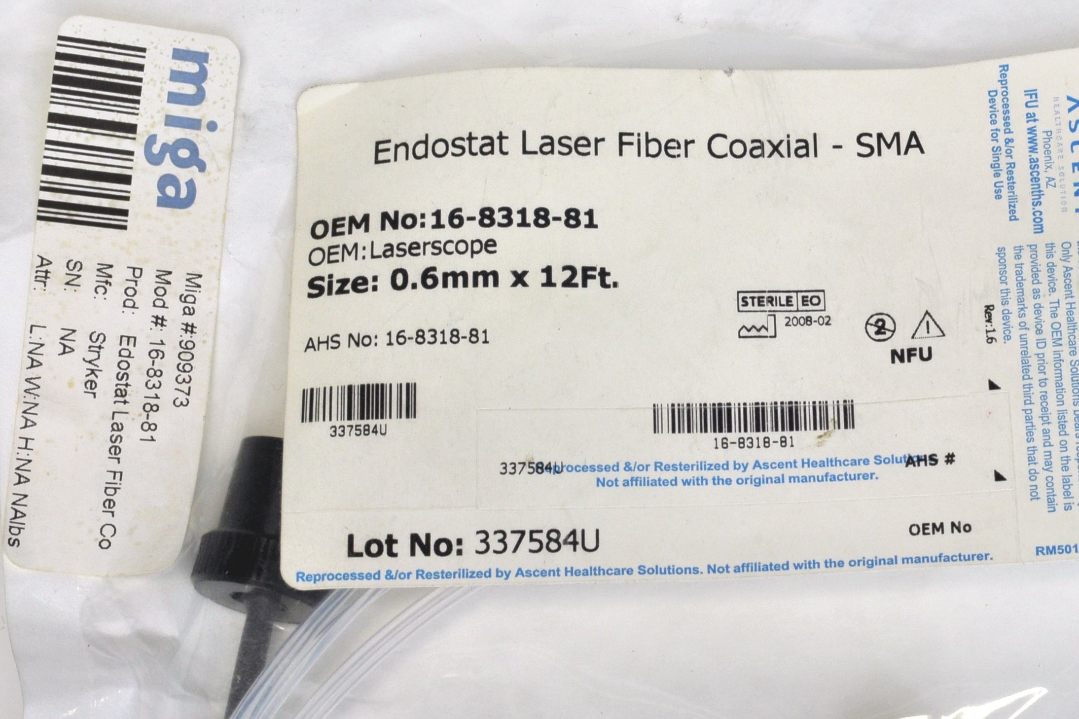 Stryker Endostat Laser Fiber Coaxial - Laserscope 0.6mm 12ft 16-8318-81 - SMA