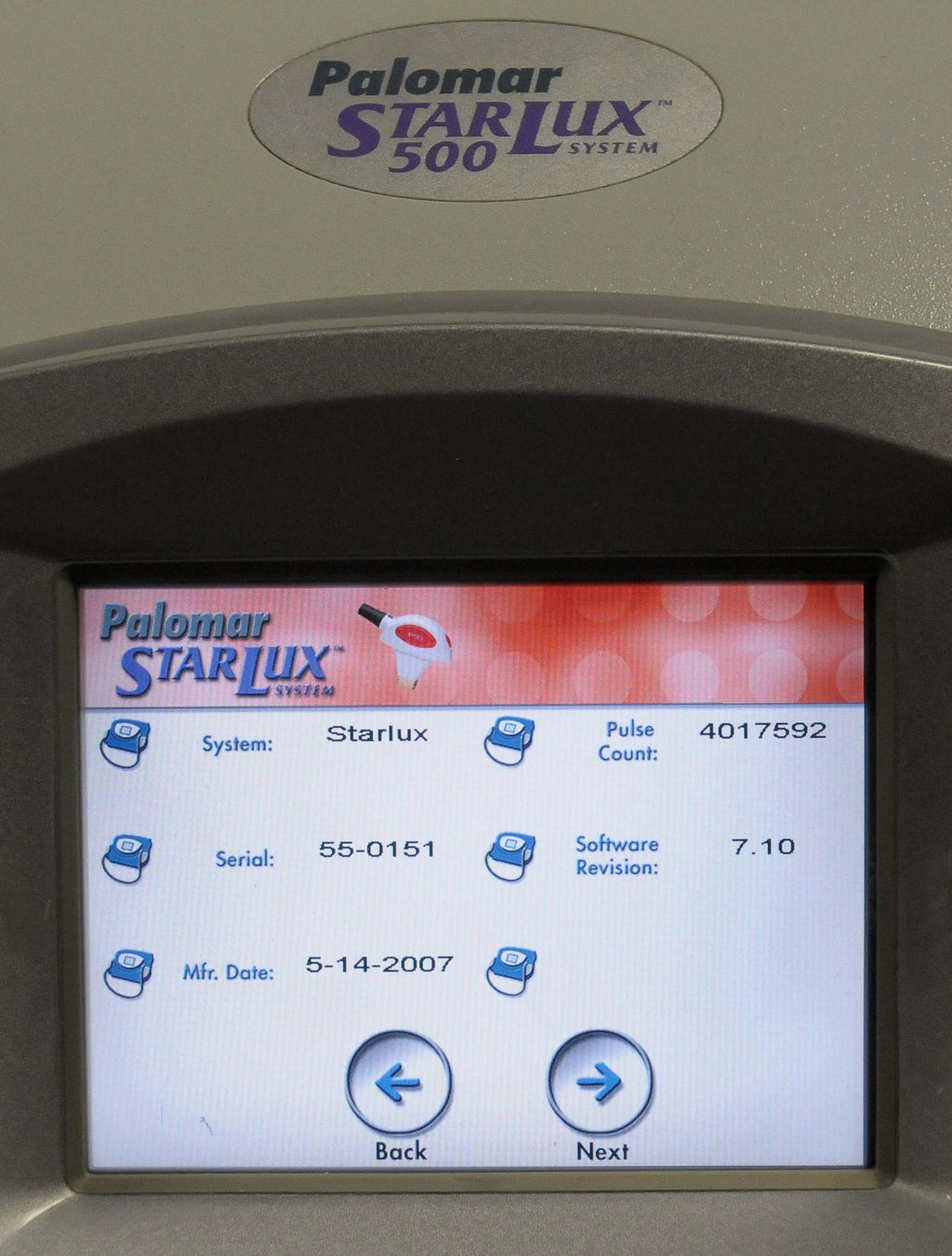 2007 Palomar StarLux 500 Hair Removal Laser LuxR Lux R HandPiece - Chiller HR