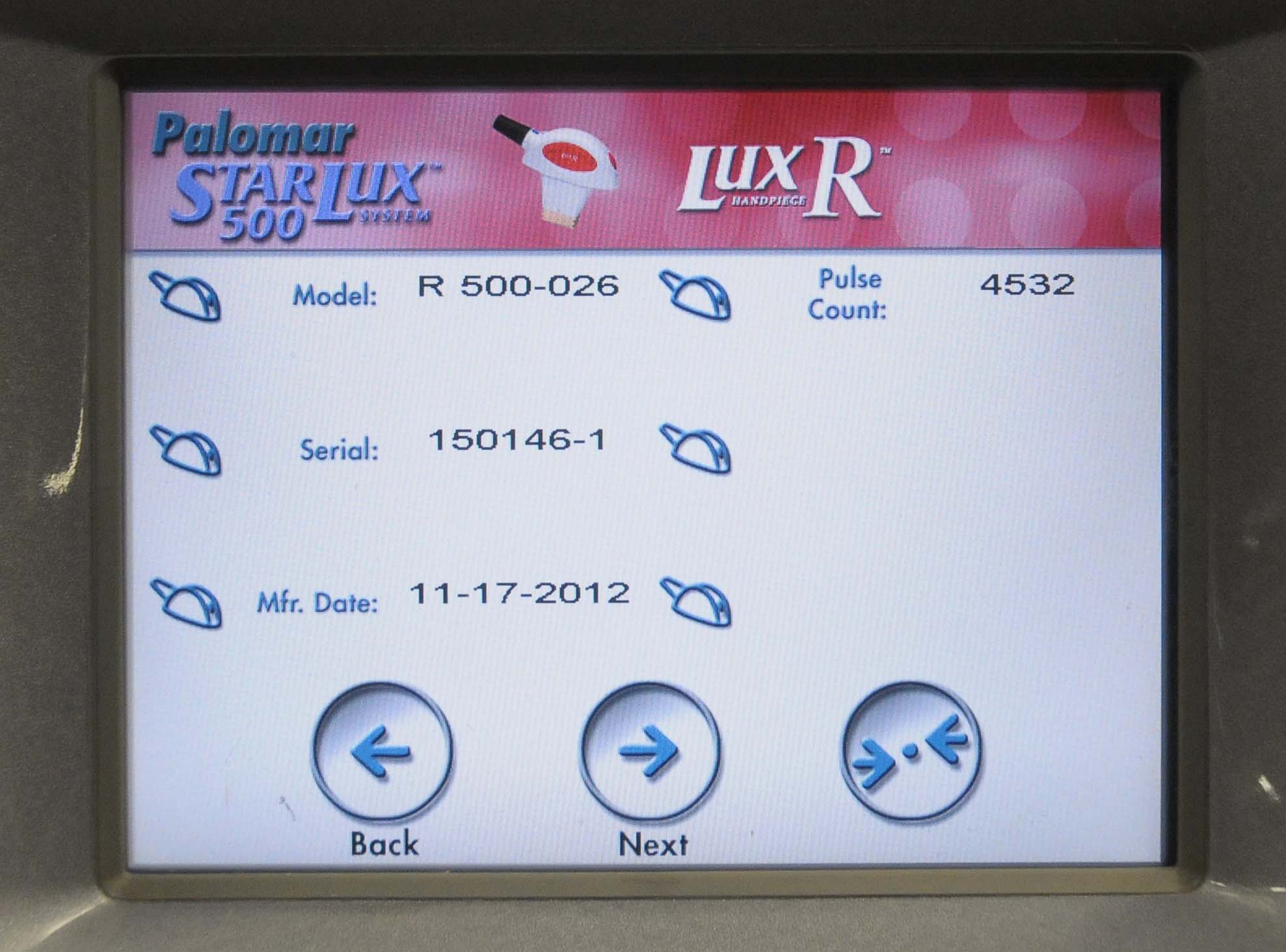 2007 Palomar StarLux 500 Hair Removal Laser LuxR Lux R HandPiece - Chiller HR